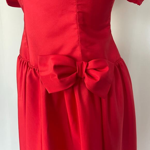 Vintage Formal Dress Size 8 Red Puff Sleeve A Line Bow Prom Romantic 80s 90s - Picture 8 of 16